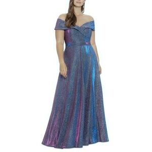 Xscape Off-Shoulder formal Gown iridescent peacock blue glitter NWT Size 14